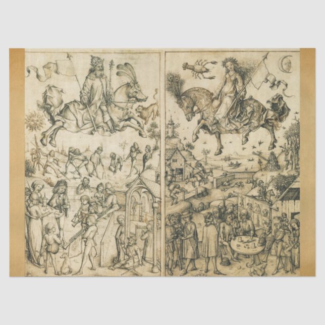 SUN AND MOON Antique Black White Astrology Drawing Tissue Paper (Front)