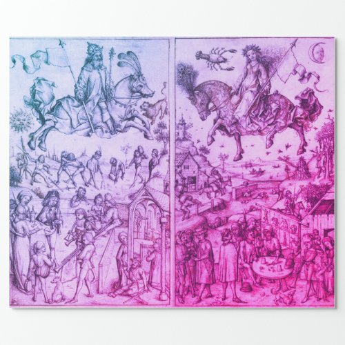 SUN AND MOON Antique Blue Purple Astrology Drawing Wrapping Paper