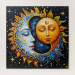 Sun and Moon Artistic Illustration Jigsaw Puzzle<br><div class="desc">Illustration of a symbolic sun and moon intertwined against a cosmic,  starry background using vivid,  bold colors. Represents duality,  balance,  and celestial harmony in an artistic style.</div>