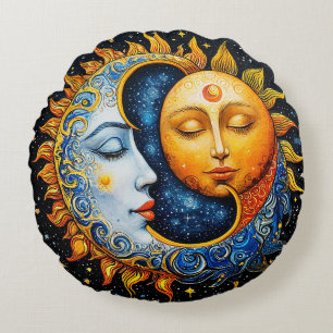 Sun and Moon Artistic Illustration Round Pillow
