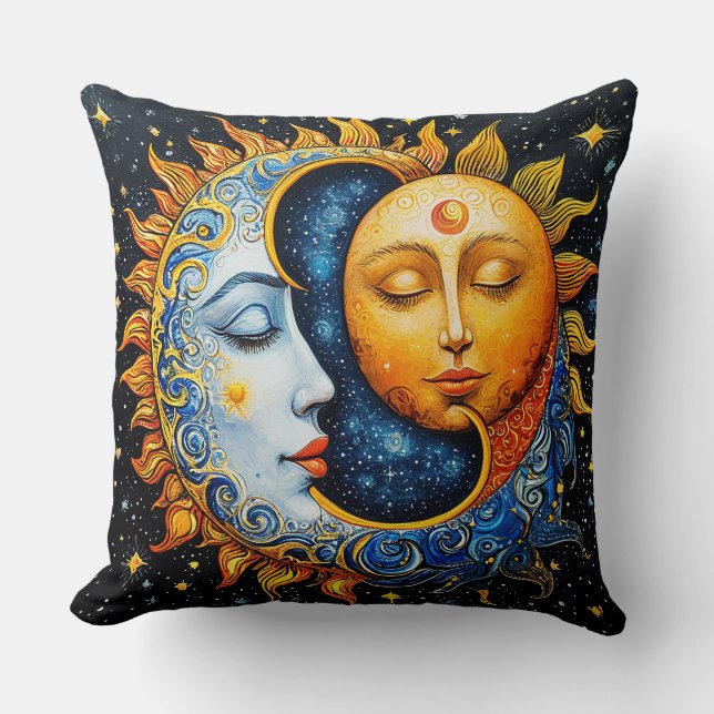 Sun and Moon Artistic Illustration Throw Pillow (Front)