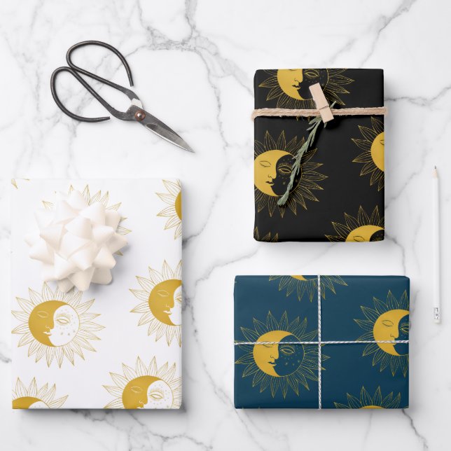 Sun and Moon Boho Line Art Golden Variety Pack  Wrapping Paper Sheets (Front)