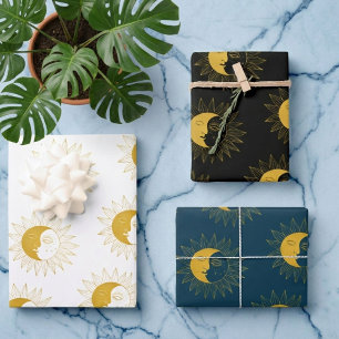 Sun and Moon Boho Line Art Golden Variety Pack  Wrapping Paper Sheets
