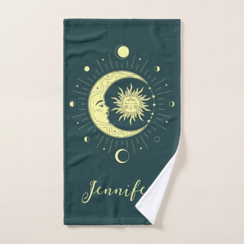 Sun and moon celestial design with moon phases bath towel set