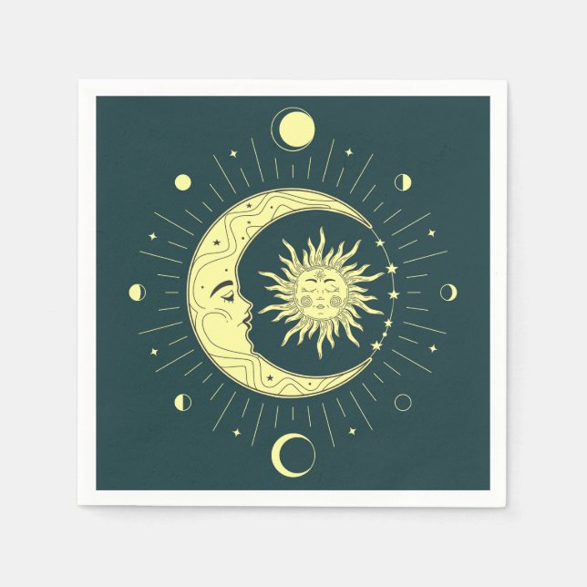 Sun and moon celestial design with moon phases napkins (Front)