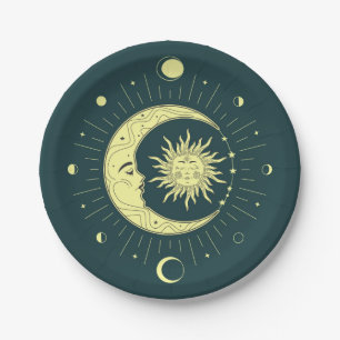 Sun and moon celestial design with moon phases paper plates