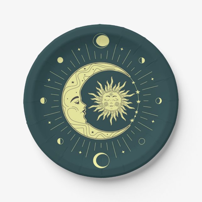 Sun and moon celestial design with moon phases paper plates (Front)