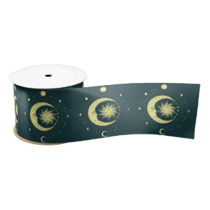 Sun and moon celestial design with moon phases satin ribbon