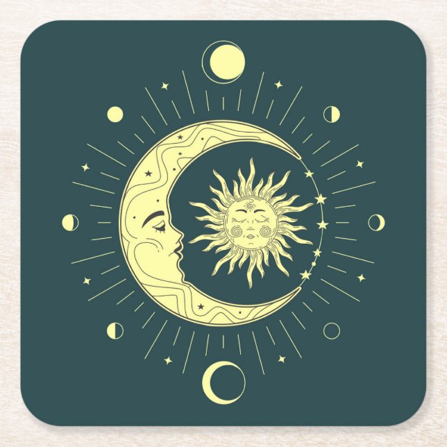 Sun and moon celestial design with moon phases square paper coaster (Front)