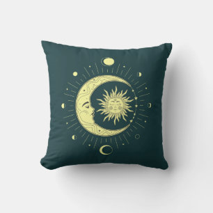 Sun and moon celestial design with moon phases throw pillow
