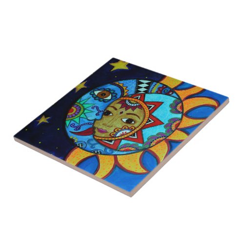 SUN AND MOON COUPLE WHIMSICAL PAINTING CERAMIC TILE