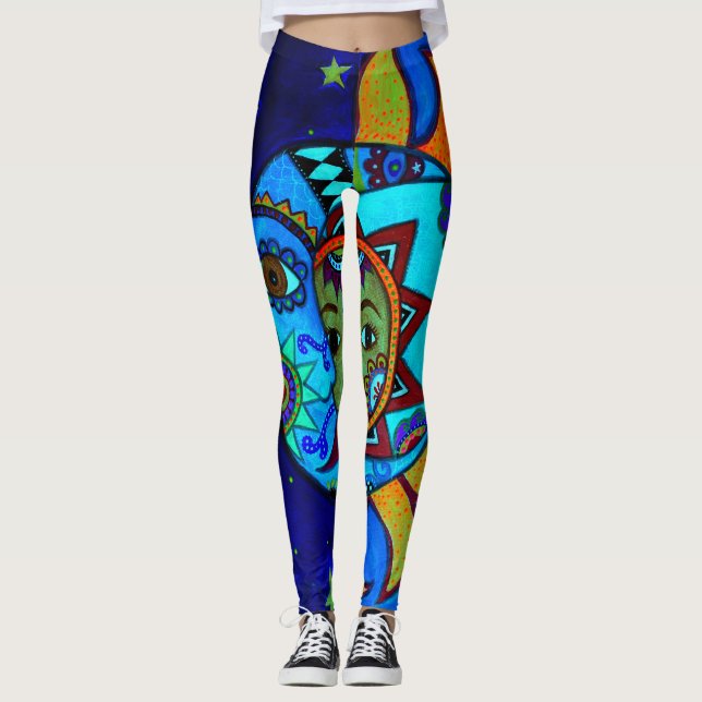SUN AND MOON COUPLE WHIMSICAL PAINTING LEGGINGS (Front)