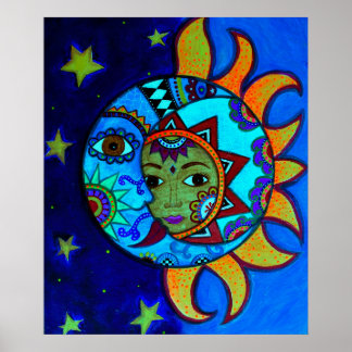 SUN AND MOON COUPLE WHIMSICAL PAINTING POSTER