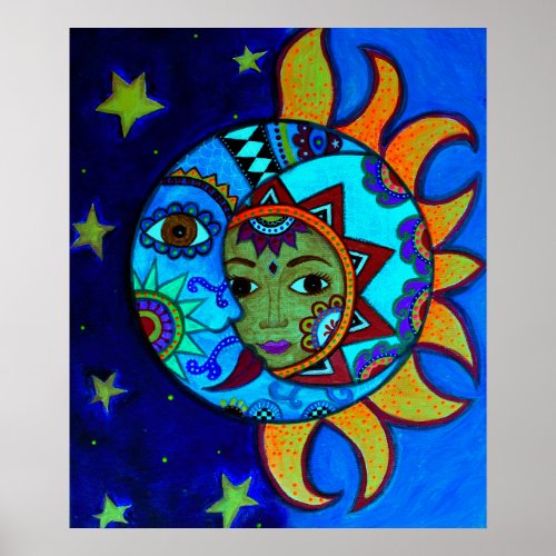 SUN AND MOON COUPLE WHIMSICAL PAINTING POSTER