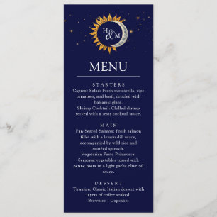 Sun and Moon Elegant Monogram Wedding Dinner Menu