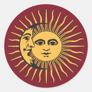 Sun and Moon Face Bohemian Vintage gold & red Classic Round Sticker