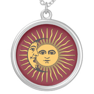 Sun and Moon Face Boho Vintage gold & red Silver Plated Necklace