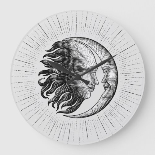 Sun and moon face hand drawing vintage engraving large clock