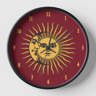 Sun and Moon Faces Boho Gold and Red Clock