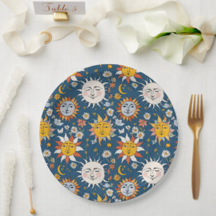 Sun and Moon Floral in Blues & Yellows Paper Plates