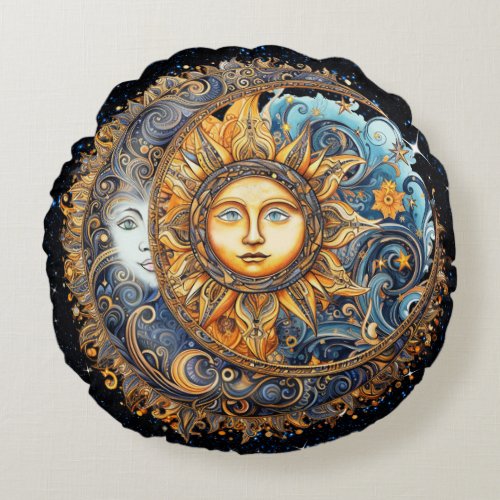 Sun and Moon Galaxy Round Pillow