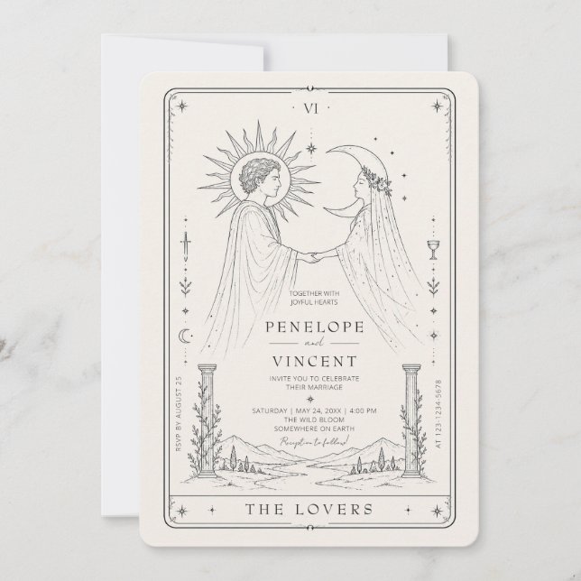 Sun and Moon | Line Art Tarot Wedding Invitation (Front)