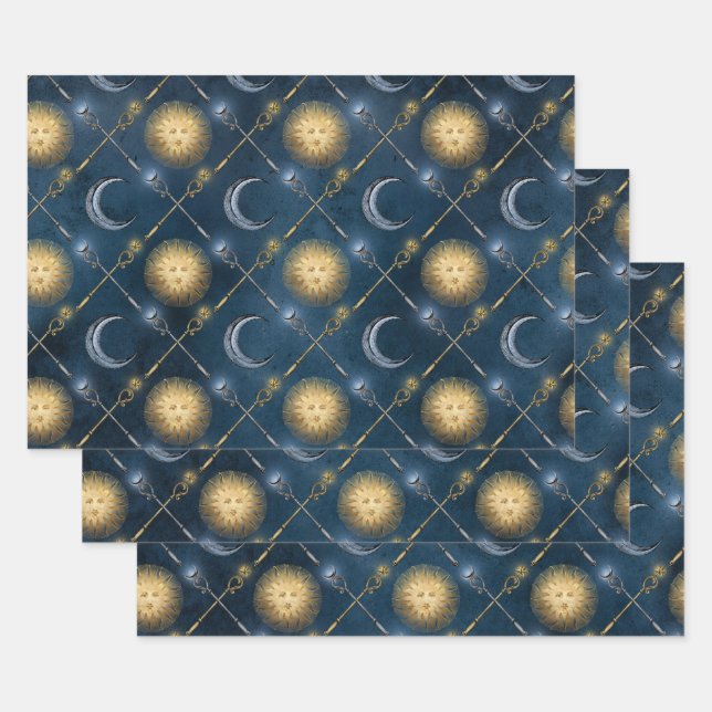 Sun and Moon Pattern on Blue Wrapping Paper Sheets (Set)