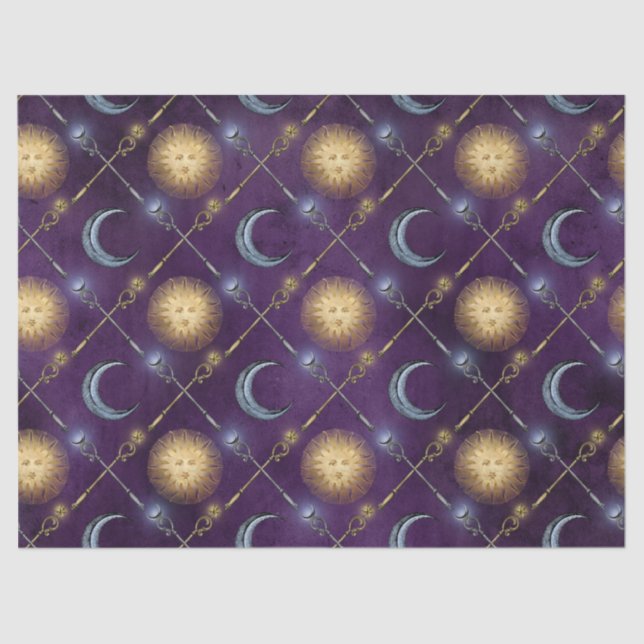 Sun and Moon Pattern on Purple Decoupage Tissue Paper (Front)