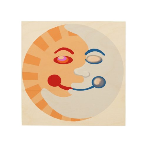 Sun and moon smiling faces wood wall decor