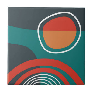 Sun and rainbow blue red white boho artwork ceramic tile