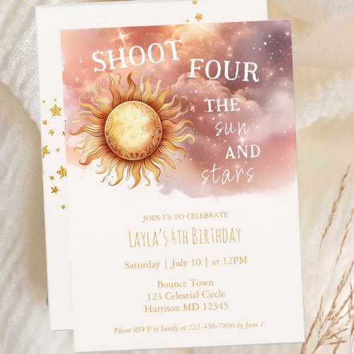 Sun and Stars Golden Magical Fourth Birthday Invitation