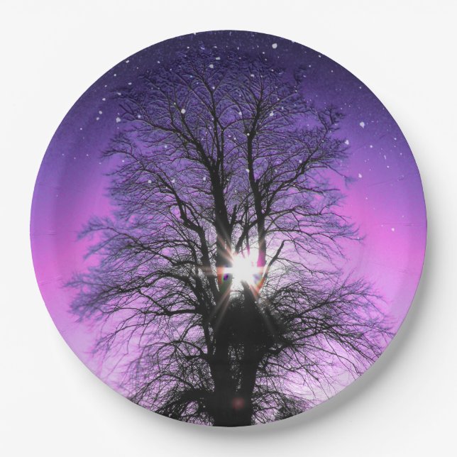 Sun and Stars Tree Purple Sky by Linandara Paper Plates (Front)