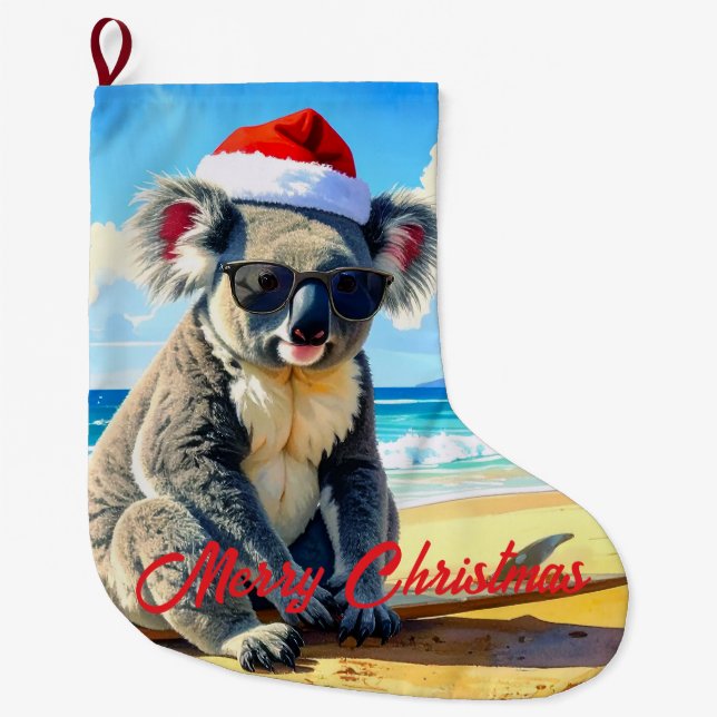Sun and Surf Koala Santa Hat  Large Christmas Stocking (Front)
