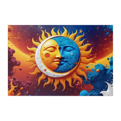 Sun and the Moon Painted Style Vibrant Acrylic Art