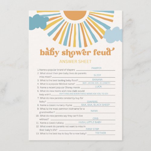 Sun Baby Shower Feud Game Answer Card