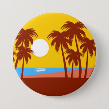 Sun Beach Island Palm Trees Colorful Illustration Button by biutiful at Zazzle