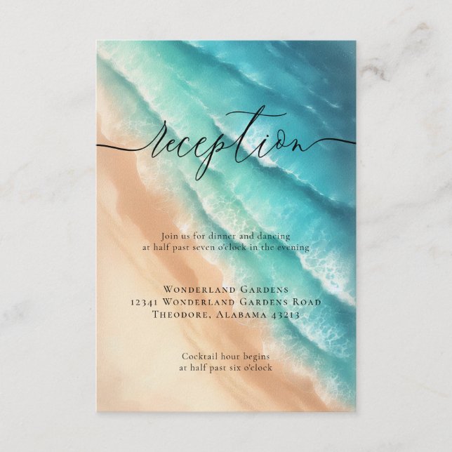 Sun Beach Ocean Blue Wedding Reception Details Enclosure Card (Front)