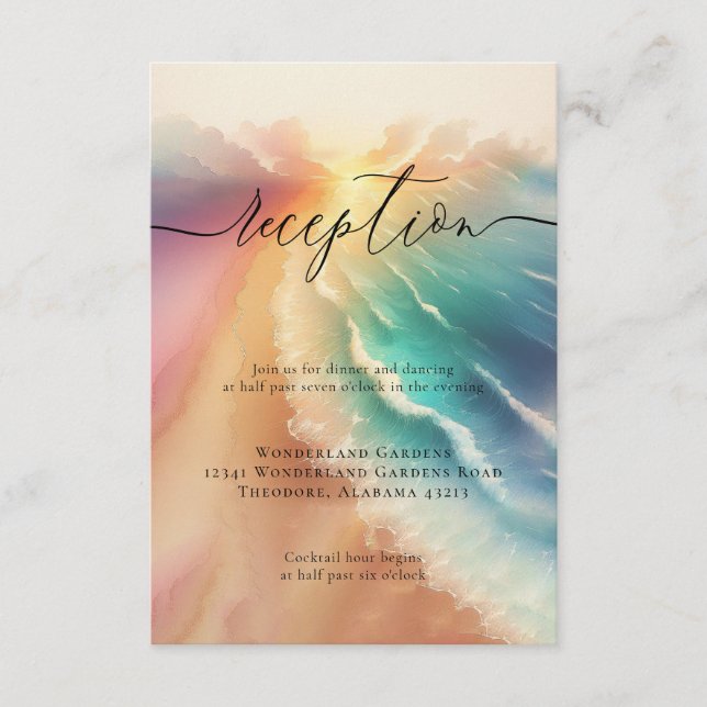 Sun Beach Ocean Pink Wedding Reception Details Enclosure Card (Front)