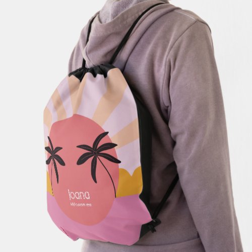 Sun beach pink girly modern name girly school drawstring bag