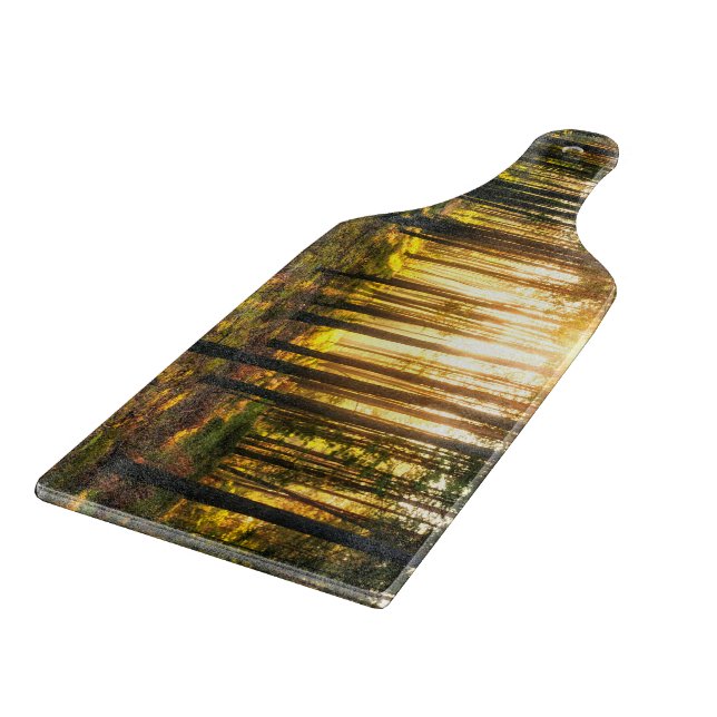 Sun beams shines in pine forest cutting board (Corner)
