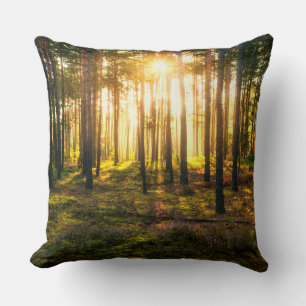 Sun beams shines in pine forest throw pillow