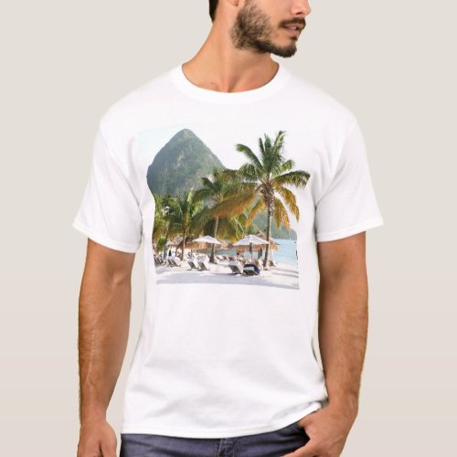 Sun Beds on a beach in Saint Lucia near the Pitons T_Shirt