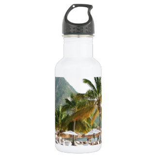 Sun Beds on a beach near the Pitons in St Lucia Water Bottle