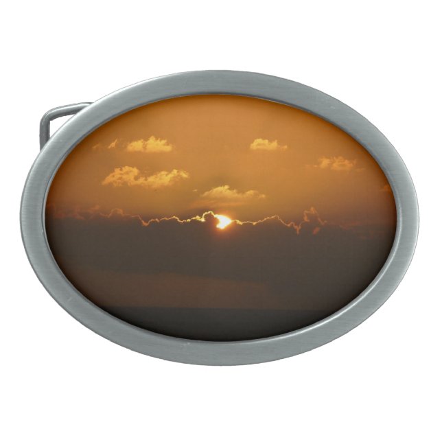 Sun Behind Clouds I Orange Sunset Photo Oval Belt Buckle (Front)