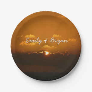 Sun Behind Clouds I Orange Sunset Photo Paper Plates
