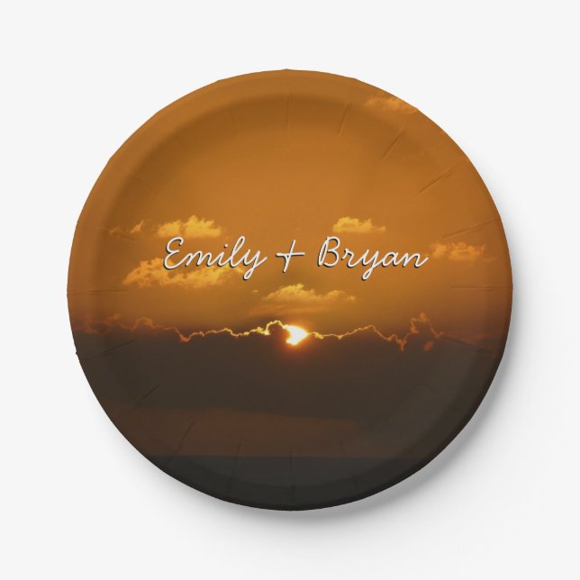 Sun Behind Clouds I Orange Sunset Photo Paper Plates (Front)