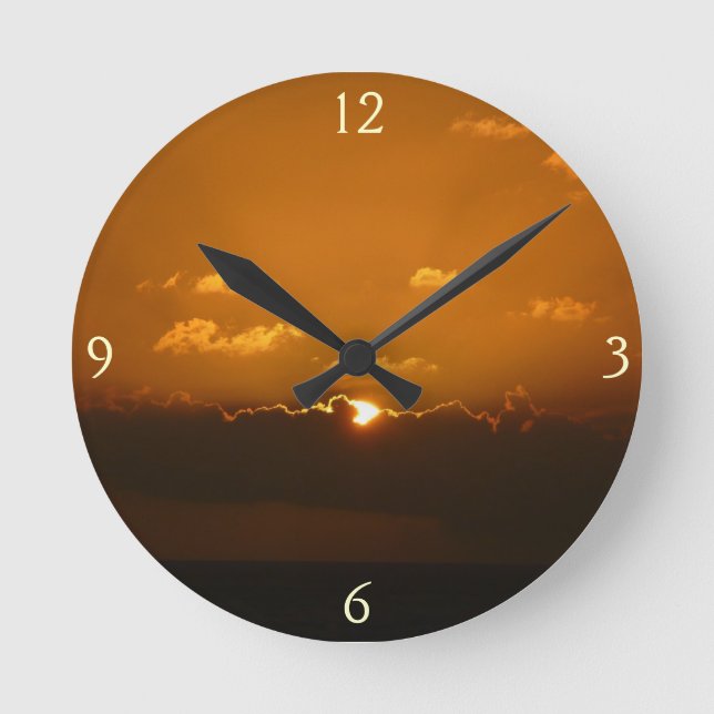 Sun Behind Clouds I Orange Sunset Photo Round Clock (Front)