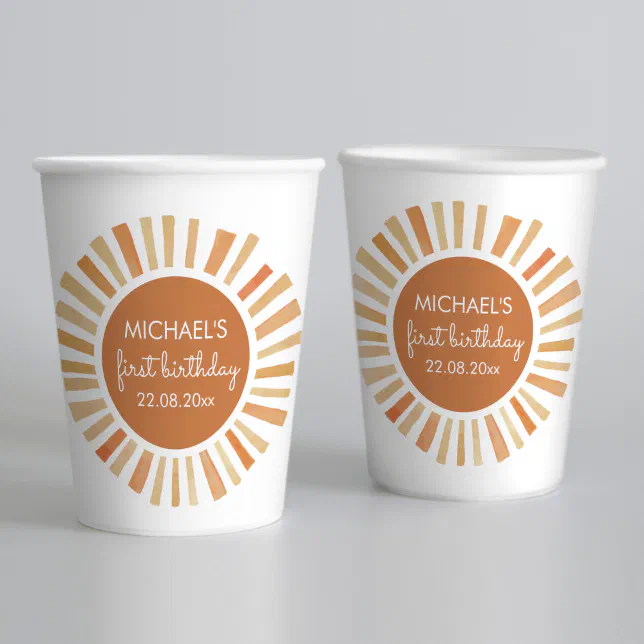Sun Birthday, Sunshine 1st Birthday, Boho Sun Paper Cups | Zazzle