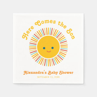 Sun Boy Baby Shower Here Comes the Son Retro Fonts Napkins