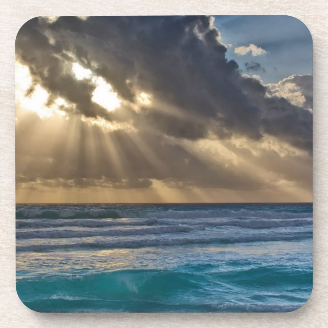 Sun Breaking Through Clouds Over Sea Beverage Coaster (Front)